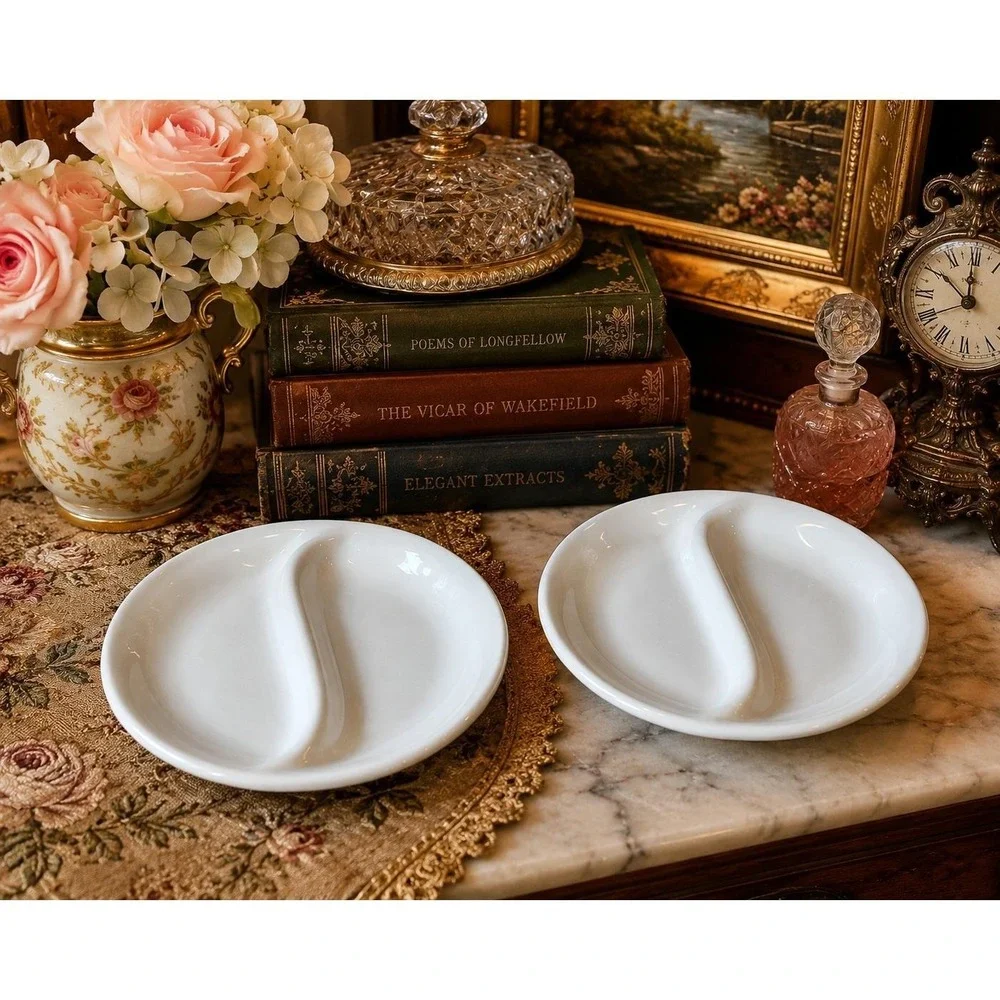 BIA Cordon Bleu White Porcelain Divided Dipping Bowls Set of 2 S-Curve Dishes
